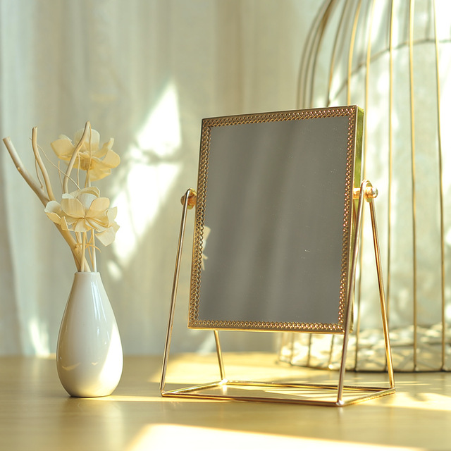 

Makeup Mirror Light Luxury Retro European Metal Gold Mirror Home Desktop Square Round Mirror Dormitory Makeup Mirrors