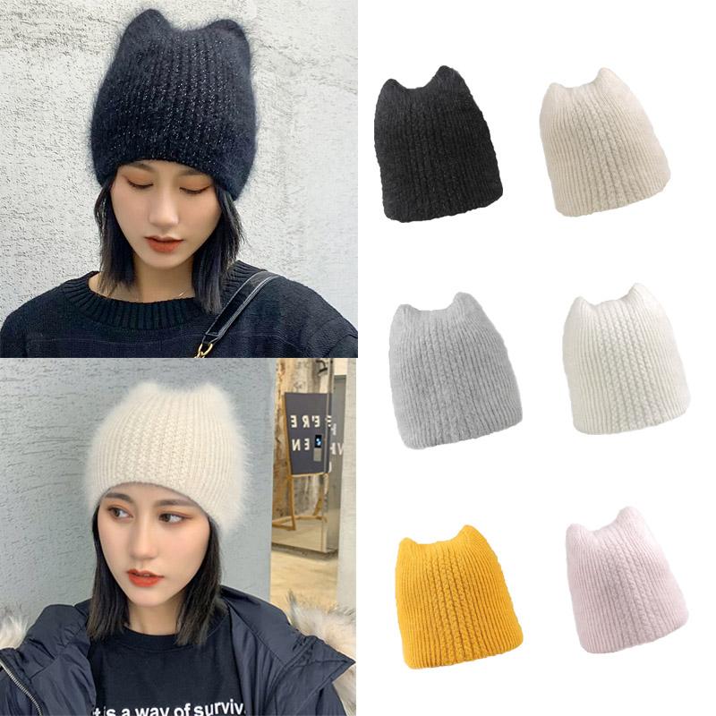 

New Fashion Simple Girl fur ear Beanie Hat for Women Winter Skullies Warm wool Cap Gorros Female Cap, White