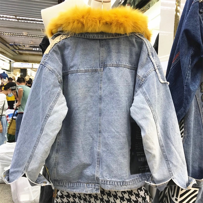 

Gola de pele real jaqueta jeans feminina casaco feminino 2020 inverno senhoras jean jaquetas mais forro veludo quente parka moda outerwear, Black
