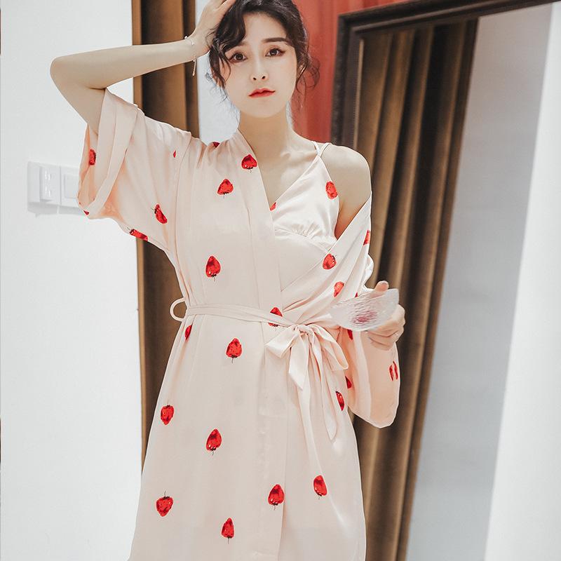 

Women Imitation Silk Nightdress Nightgown Two Piece Suit Ice Silk Long Sleeve Robe Housewear Bathing Suit Sexy Nightwear, Pink strawberries