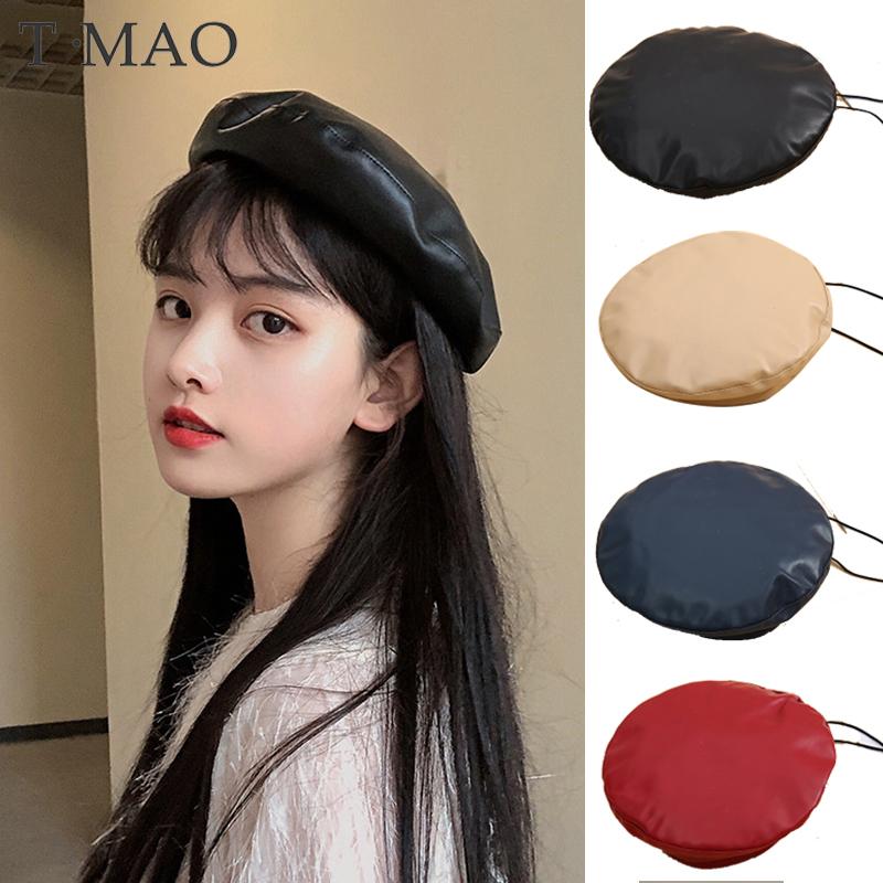 

Berets T-MAO Women Hat Girl Beret Winter Beanie Cap Vintage Faux Leather Plain Hats Solid Color Elegant Lady, Black