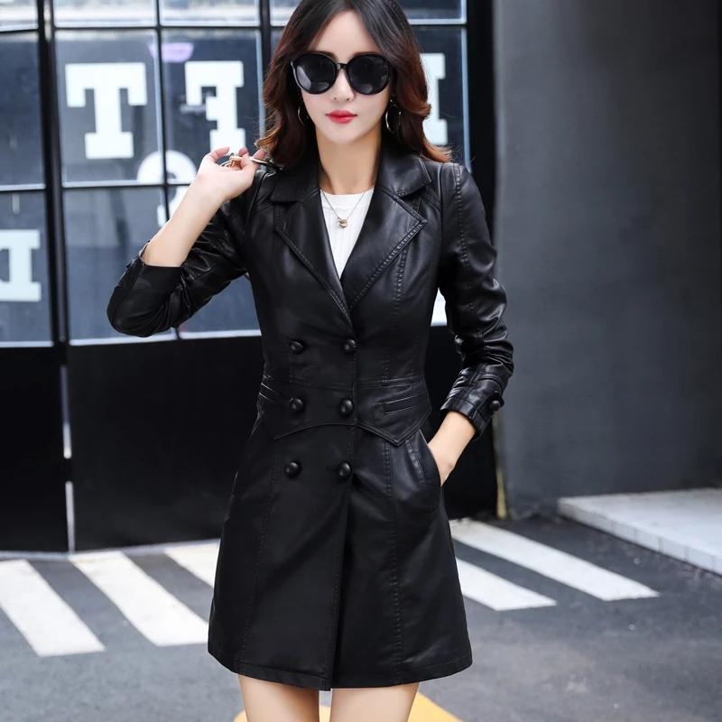 

Women New Fashion Pu Leather Dust Coat Buttons Classic Faux Leather Long Trench Coat Soft Casual Outerwear Female, Black