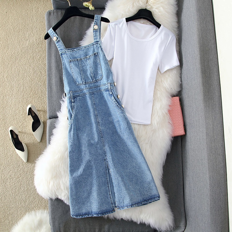 

2021 New Women Long Denim Spring Summer White T-shirt +strap Jeans Es Sun 2 Pieces Set Female Suit Y166 Bk6a, Denim dress set