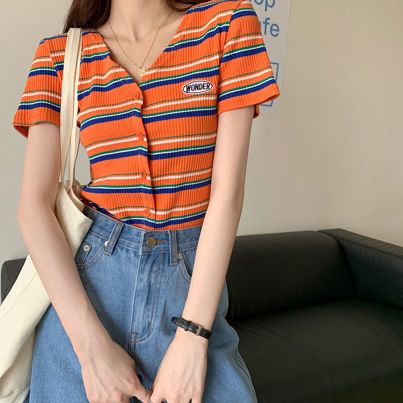 

2021 New Korean summer colors in letter style listra short sleeve tshirts of thin women cleavage v sexy tops femme shirt (x1388) NO52, Orange