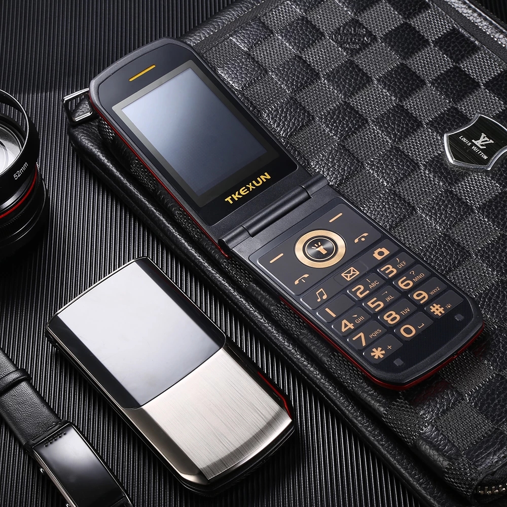 

Unlocked Extra Slim Original TKEXUN Flip Cellphone Dual Sim Card Metal Torch Handwriting Screen Large Key Camera Luxury Golden Mobile Phone
