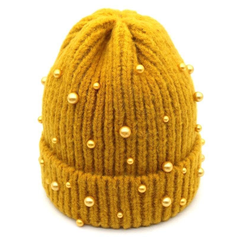 

New Pearl Beanie Hats for women Hooded Hat Light Board Pure Color Knitted Autumn/Winter Curled Woolen Hat, 05