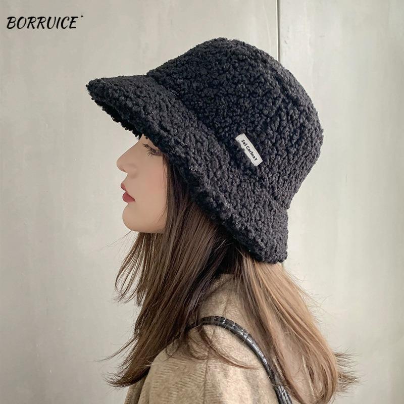 

Winter Women Hats Teddy Velvet Warm Ear Protector Fisherman Hat Accessories Vintage Lamb Velvet Cap Lovely Plush Bucket Hat, Black