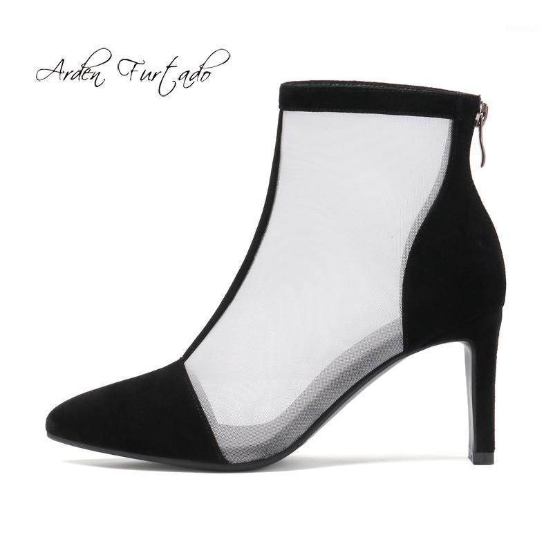 

Arden Furtado summer 2020 spring fashion women's shoes pointed toe chunky heels zipper clear mesh women's boots party shoes new1, Black