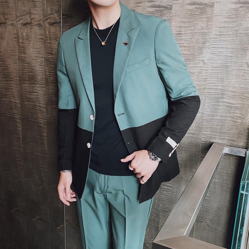 

Elegant suit autumn personality net red color matching slim Korean version of the contrast design men' suit youth, Beige
