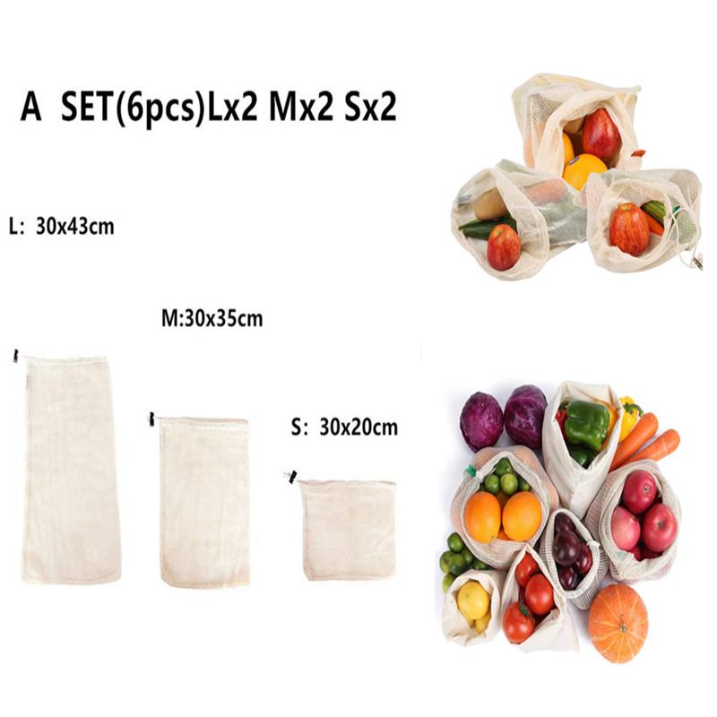 

6pcs/set Reusable Cotton Mesh Produce Bags Fruit Vegetable Shopping Organize Bag Washable Durable Grocery Tote Carry Pouch Bag