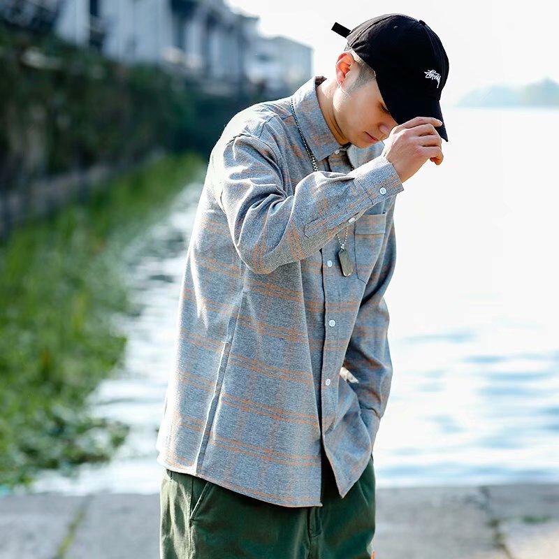 

Men's Plaid Shirt Autumn New Casual Loose Hong Kong Style Fashion Joker Shirt Korean Trends Joker Long Sleeve Cotton Jacket, C24 brown