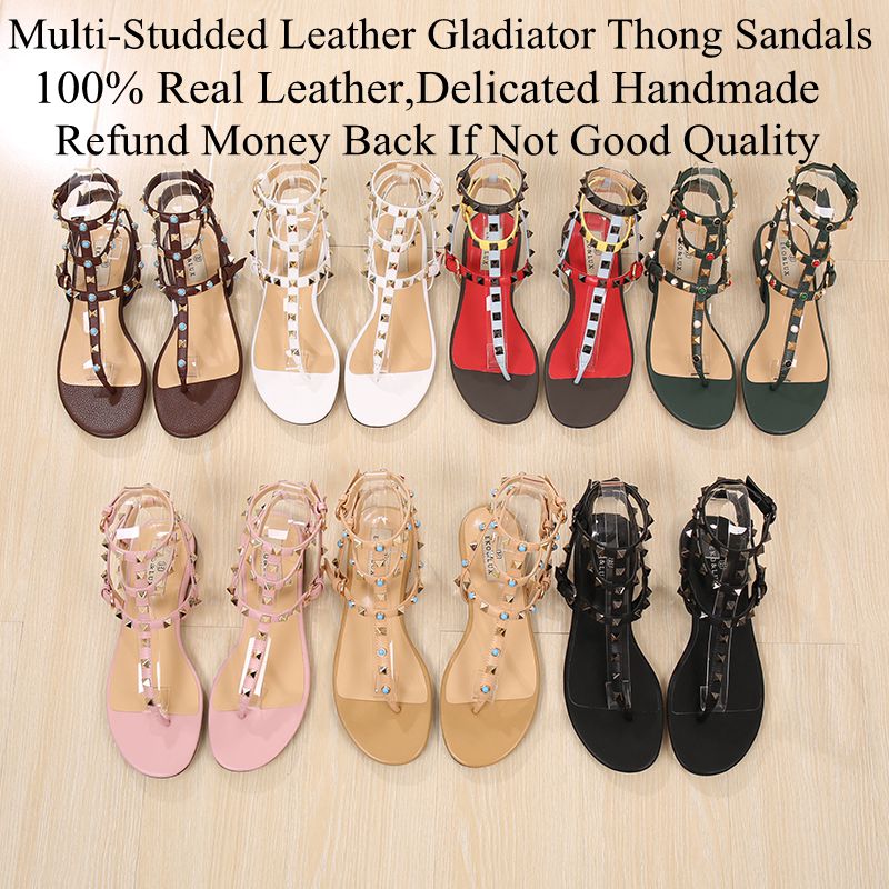 

Classic Brand Women's Sandals Genuine Leather Sandals Rivets T-Straps Summer Sandals Plus Size 34-43 Women's Shoes High Quality Flats Shoes, Black