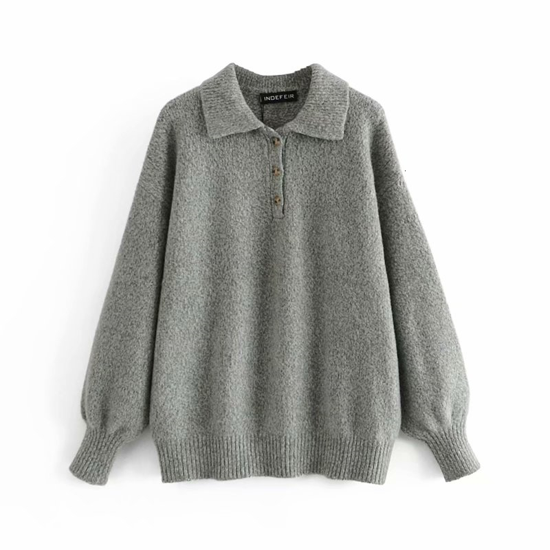 

2021 New Causal Women Solid Grey Sweater Autumn Fashion Ladies Turn Down Collar Knitted Tops Elegant Female Chic Loose Pullover 19gh, Gray