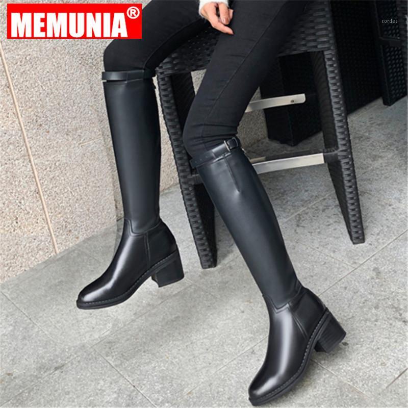 

MEMUNIA 2020 New high quality pu + genuine leather boots women autumn winter boots fashion women's riding knee high1, Balck1 with fur