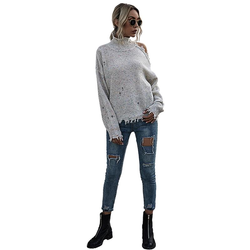 

autumn women Hole sweater all-match knitted One-shoulder and long-sleeved turtleneck design sweater pullover solid color tops, Gray
