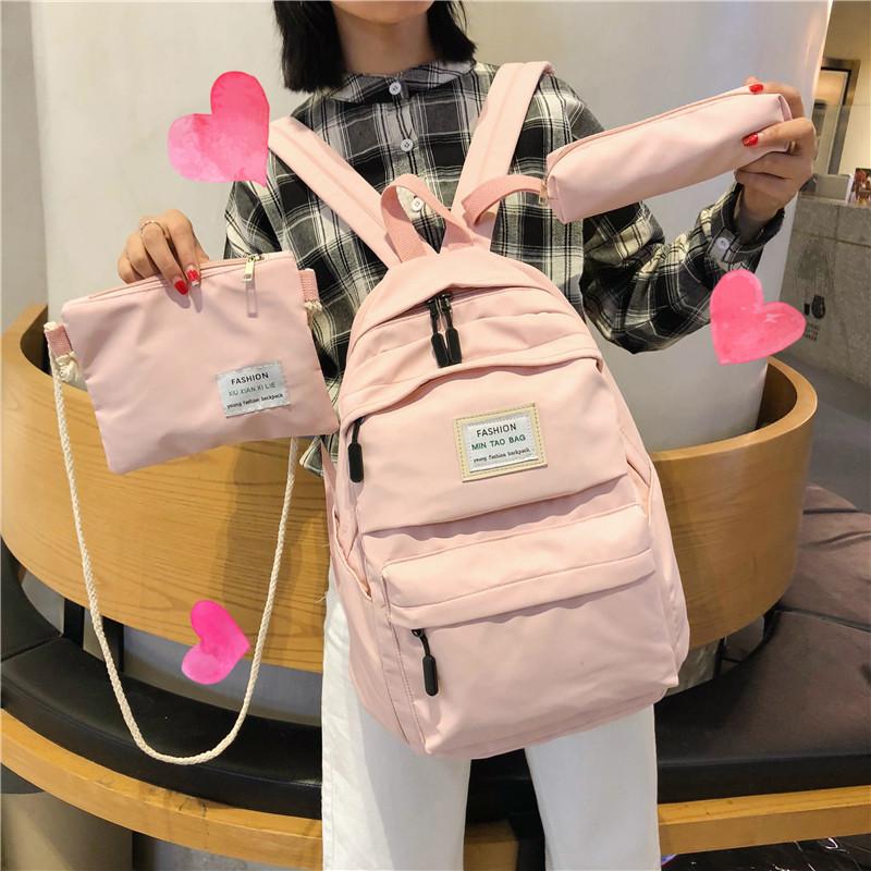 

Backpack Style 3 Set Casual Women Shoulder Bags Candy Colour Multi-pocket School Bag For Teenage Girls Mochilas Female, Khaki 3 set