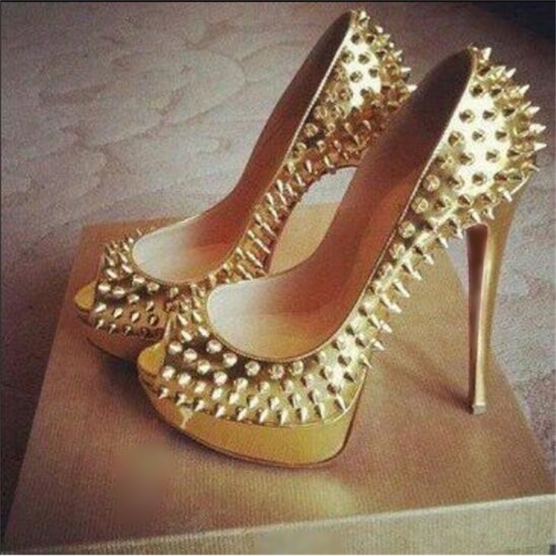 

See Golden-leather You'll Bombs Sexy Rivets Filled with Studs High Peep Heels Platform Metal Spikes Wedding Shoes Xdyv, Unkshinyunk