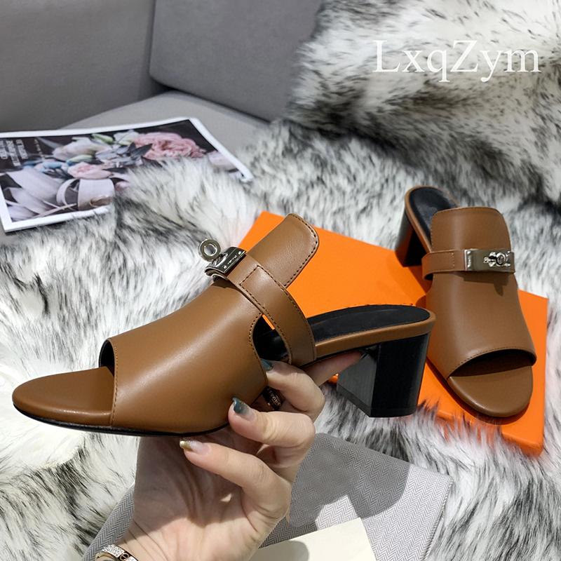 

Peep Toe Thick Heel Mules Women Metal Lock Decor Sandals Real Leather Dress Party Brand Designer Slippers Hot Sale Slides Female, As show