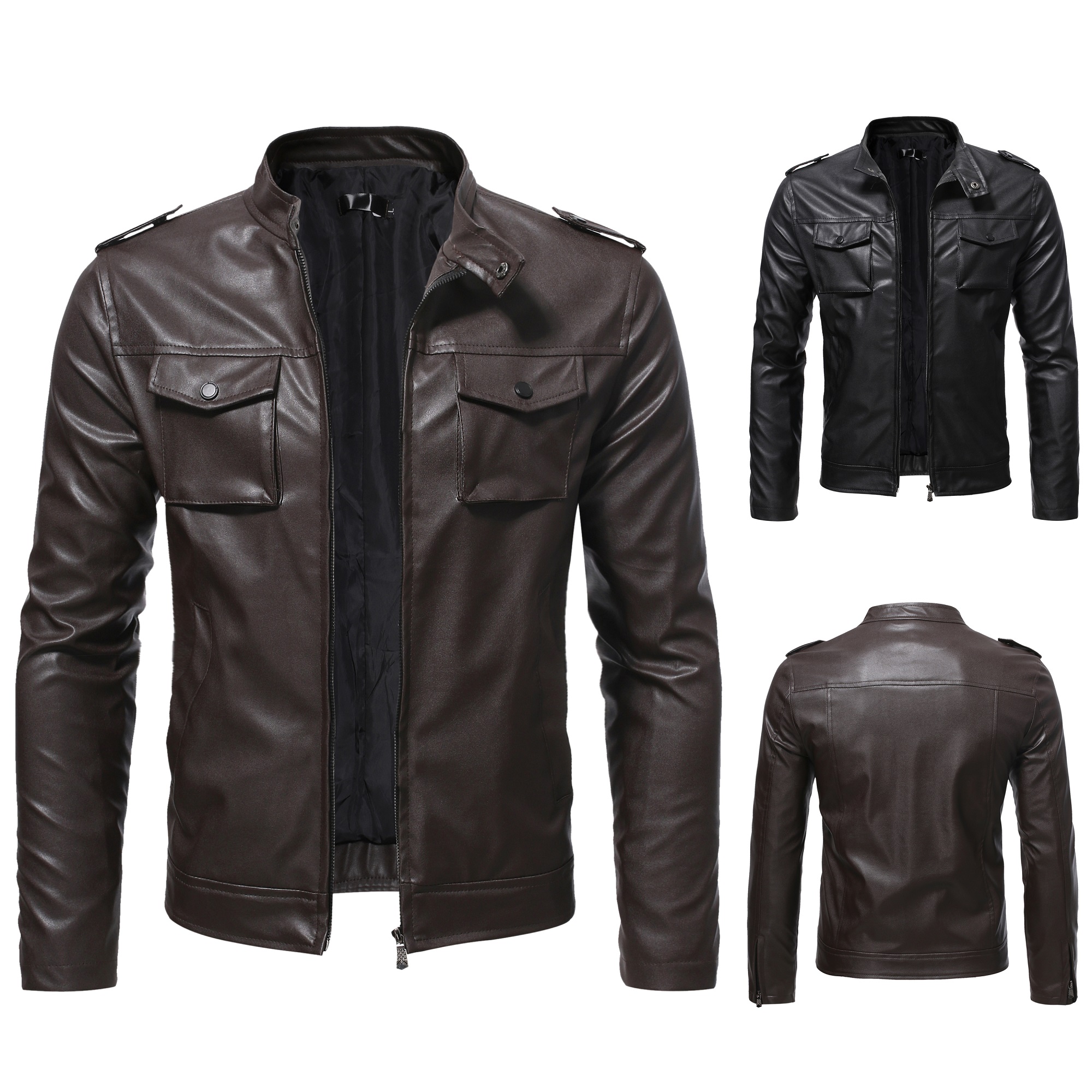 

Men's Jackets Stand Collar Motorcycle Leather Jacket Business Trend Youth Casual, Black