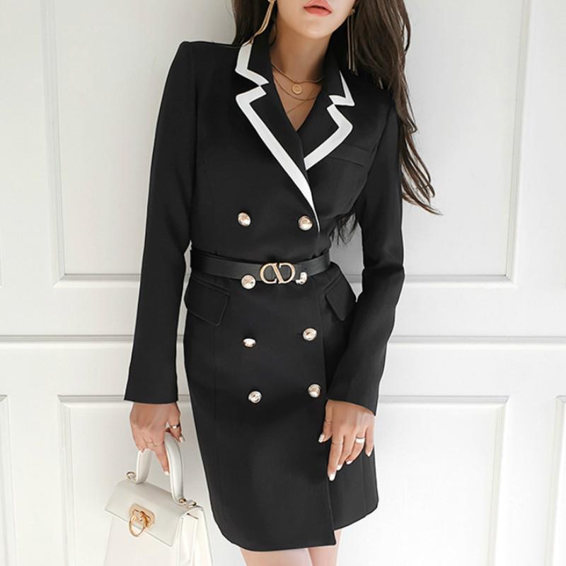 

2020 Autumn Korea Slim Double Breasted Long Blazer Female Coat Belt Notched Double Brerasted Office Cloth, Black