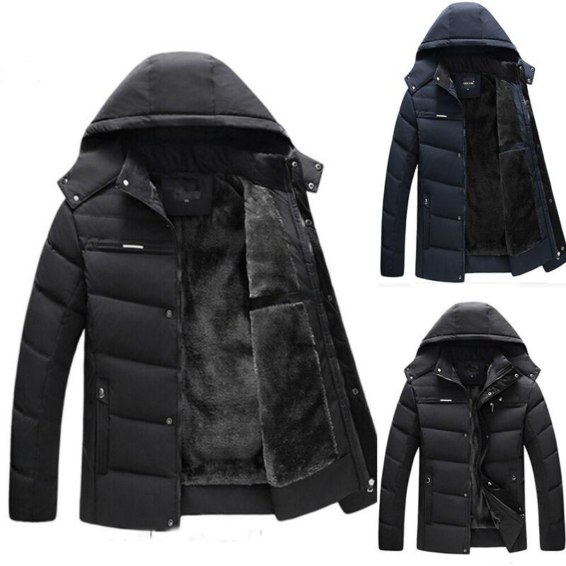 

Outwear Thick Warm Quilted Parka Coat Winter Fur Lined Men Padded Hooded Jacket, Black
