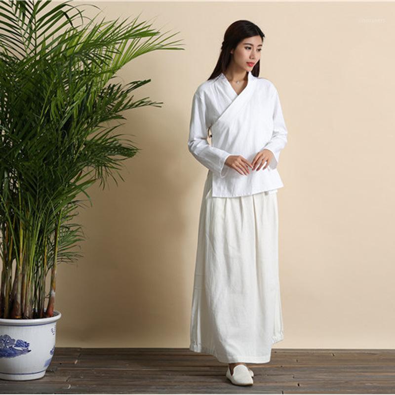 

Women Yoga Shirt Linen Chinese Traditional Long Sleeve Sweatshirt Jogger Casual Tai Chi Kungfu Mediitation Shirt Sportswear1, White
