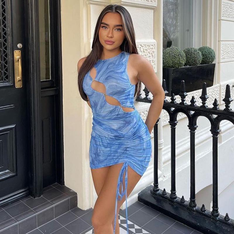 

Casual Dresses Hirigin Tie Dye Print Drawstring Ruched Lace Up Hollow Out Mini Dress Sleeveless Bodycon Sexy Streetwear Party Y2K 2022 Summe, Blue