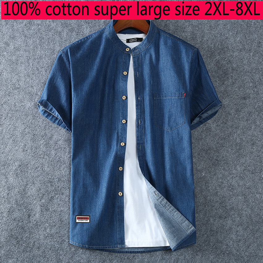 

New Arrival Fashion Super Large Denim Men Short Sleeve Summer Loose Clothing Casual Shirts Mens Plus Size -3XL4XL5XL6XL7XL8XL C1210, Light blue