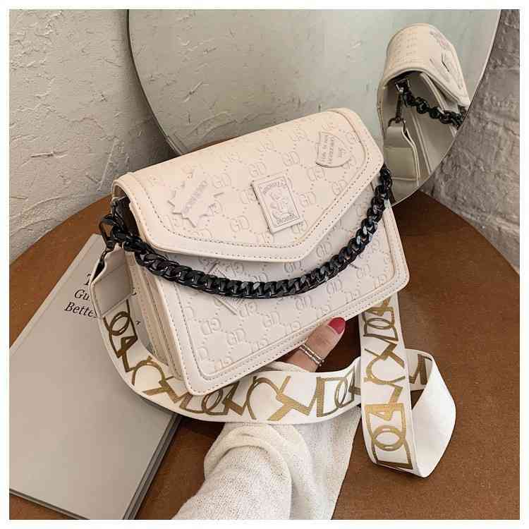 

Purse Badge embossed women's new texture style chain wide shoulder belt sling Shoulder Messenger small square bag, White