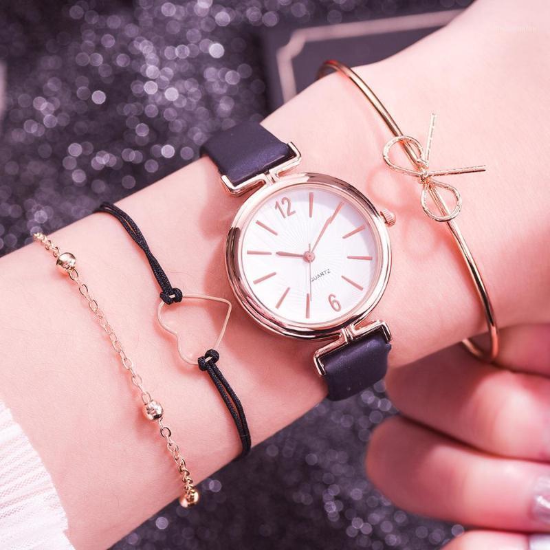

4pcs Set New Fashion Simple Women Watches Ladies Casual Leather Quartz Wristwatch Female Clock Zegarek Damski Relogio Feminino1, Black