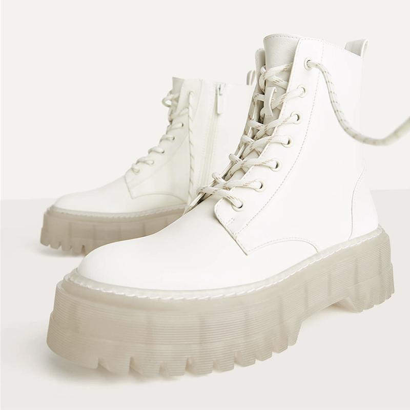 

2020 PVC Transparent Heel Ankle Boots For Women White Lace Up Platform Boots Women Autumn INS Hot Chunky Motorcycle1, Black