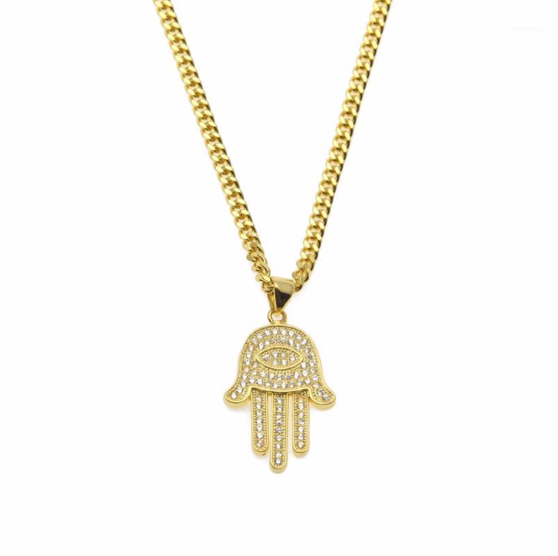 

Gold Silver Fatima Hamsa Hand Pendant necklaces Bling CZ iced out Evil eye charm Cuban chain For women Mens Hip Hop Jewelry1