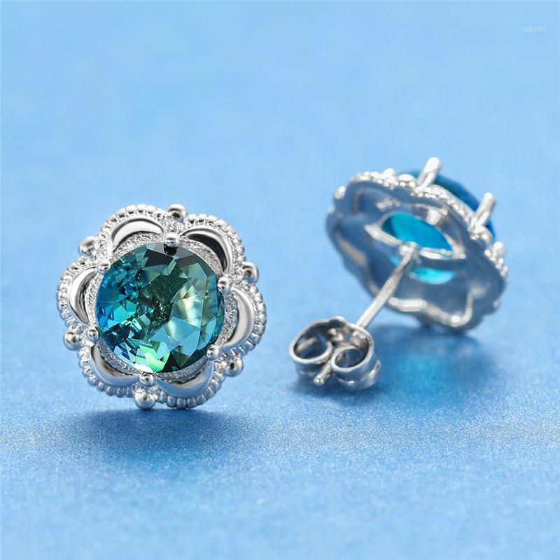 

Cute Silver Rose Gold Flower Earrings Female Blue Round Stud Earrings Vintage Bride Zircon Wedding For Women1