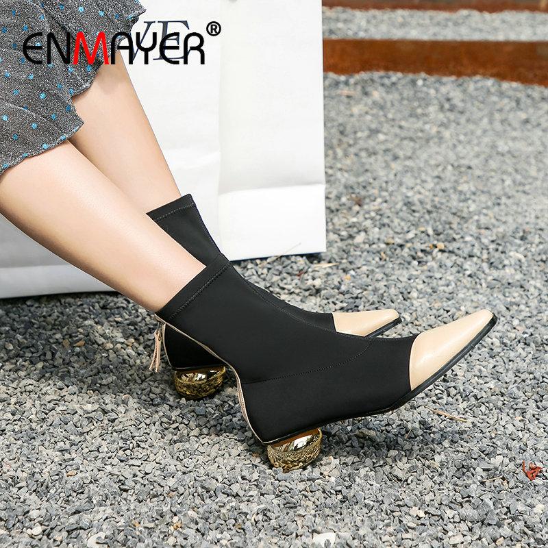 

ENMAYER 2020 Winter Boots Round Heels Women Basic Pointed Toe Stretch Fabric Luxury Shoes Women Designers Ankle Boots Size 34-39, Beige