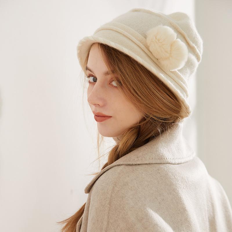 

2020 New Warm Cashmere Hat. Women's Hair Ball Decorative Dome Hat, Knitted Warm Cap, White