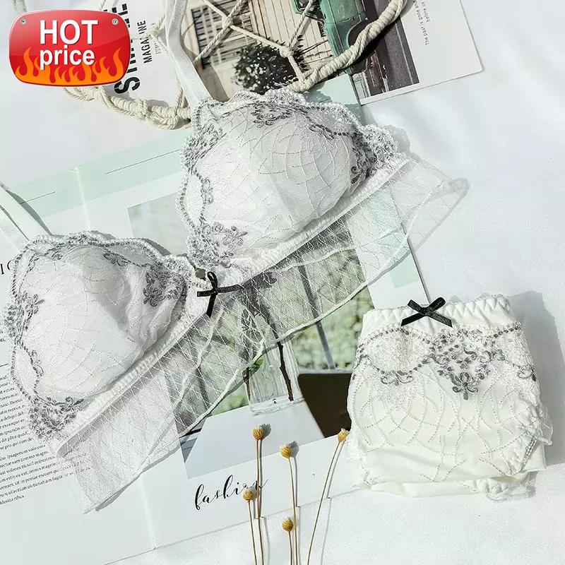 

French Sexy Lingerie for Small Chest Transparent Panties and Bra Thong Lace Bralette Set Underwear Bow Ultra Thin Bra Panty 2pcs #x86r, Black;white