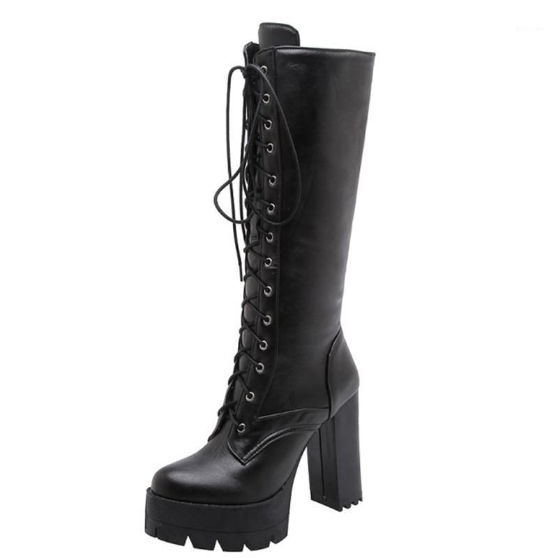 

2021 New Knee High Women Boots Round Toe Lace Up Fashion Long Boots PU Leathehr Square Heel Women Shoes Size 34-431, Black