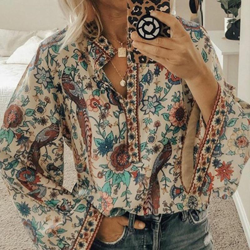 

Women Bohemian Floral Printed Top Blouse Ladies lantern sleeve Stand Collar vintage Shirts elegant chemise tops For Female D30, Red