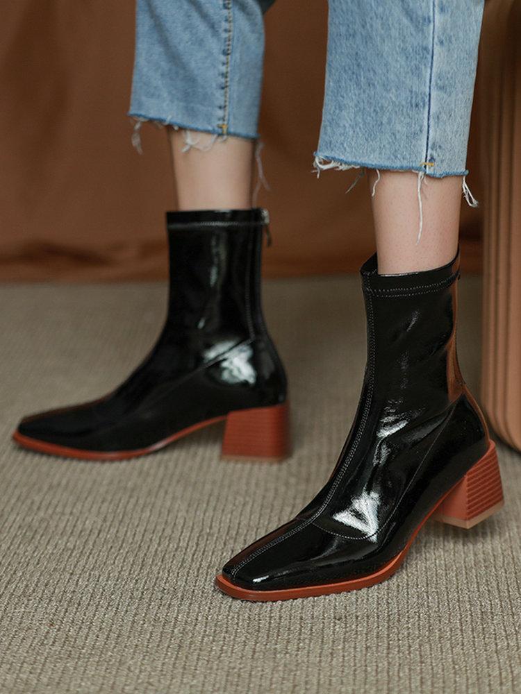 

EshtonShero Women's Shoes Patent Leather Spring Winter Zipper Square High Heel Casual Square Toe Ladies Casual Boot Size 3-9, Beige