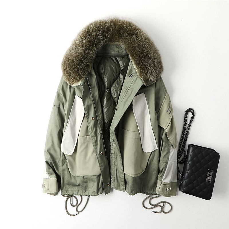

2021 New Women Thick Midi Length Jacket Parka Real Fur Collar Warm White Duck Down Winter Clothes Inside Women's Coat 2awm, Army green.