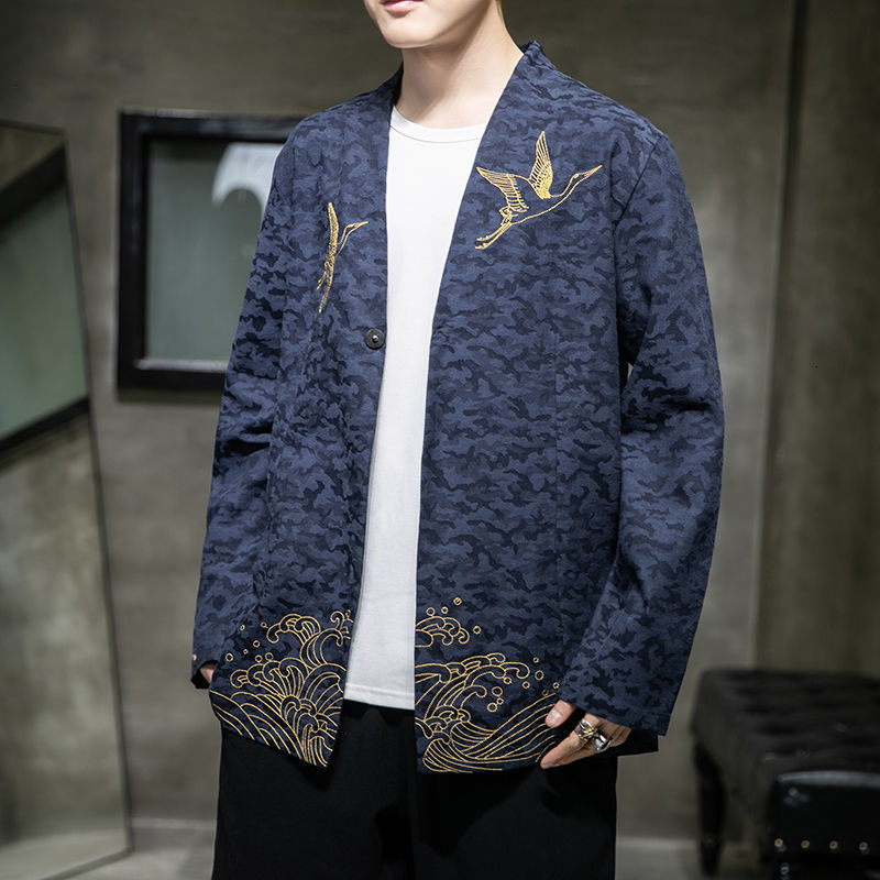 

New Men's 2021 Chinese Style Vintage Jackets Embroidery Casual Oversize Coats Man Jacket Clothing Fashion Lh0i, Blue