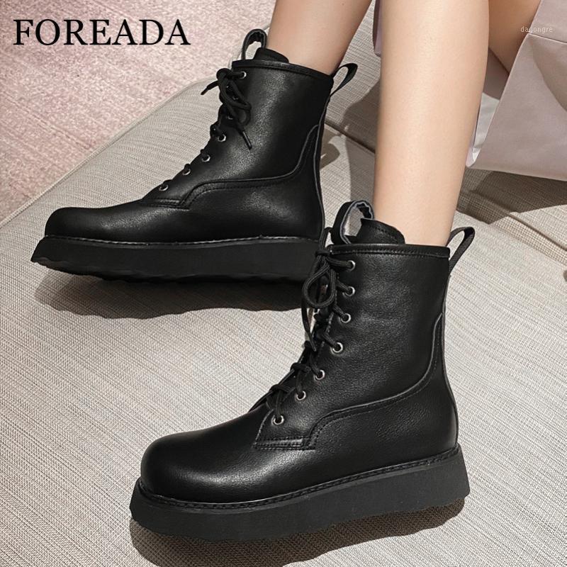 

FOREADA Real Leather Motorcycle Boots Woman Flat Platform Mid Calf Boots Lace Up Ladies Shoes Autumn Winter Black White Size 431, Black velvet lining