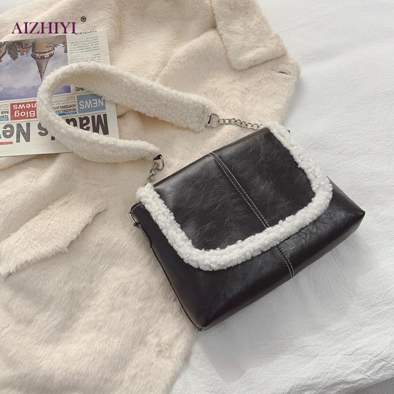 

Fashion Splicing PU Plush Shoulder Handbag Autumn Women Large Capacity Top-handle Bag Street Vintage Tote Satchel, Black