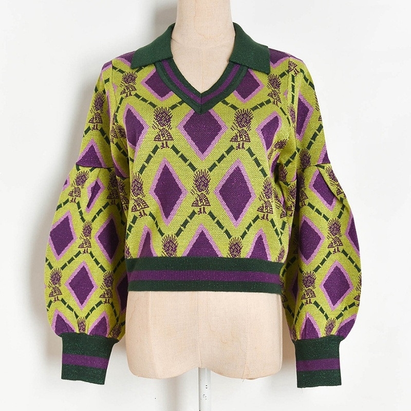 

2021 New Vintage Female Blouses Turn Down Collar Argyle Shirts Retro Lantern Sleeves Mesh Pullovers Fashion Jumpers GWZN PO38, Yellow.