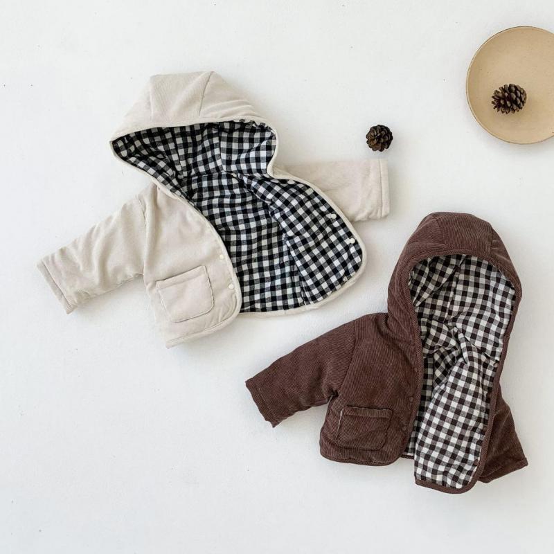 

2021 New Winter Baby Boys and Girls Fashion Plaid Thickened Warm Cotton Corduroy Coat Kids Double-sided Casual Hooded Jacket G3jk, K3527beige