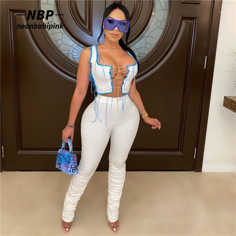 

NEONBABIPINK Sexy Two Piece Outfits Chain Laced Crop Top and Stacked Leggings 2 Piece Set Clubwear Women Fashion Clothes N16CD401, White