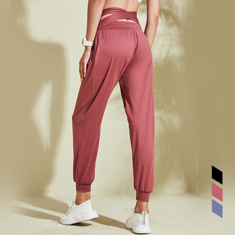 

Women' sports pants back cross pant loose pants legged quick dry running fitness high waist Yoga, Black