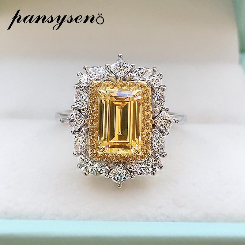 

PANSYSEN 100% 925 Sterling Silver Emerald Cut Citrine Created Moissanite Gemstone Rings for Women Wedding Bands Engagement Ring