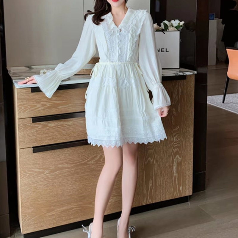 

2021 Rice Dressed in White Female Lace Sleeve Long Waist High with Track Cleavage Dress Casual Woman Spring Clothes Guce, Rice white.
