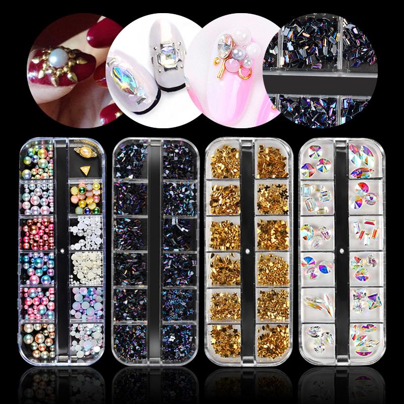 

12 Designs /Box Crystal Nail Art Decorations Flatback Charm 3D Rhinestones Shiny Glitter Sequins And Gems DIY Manicure Accessory